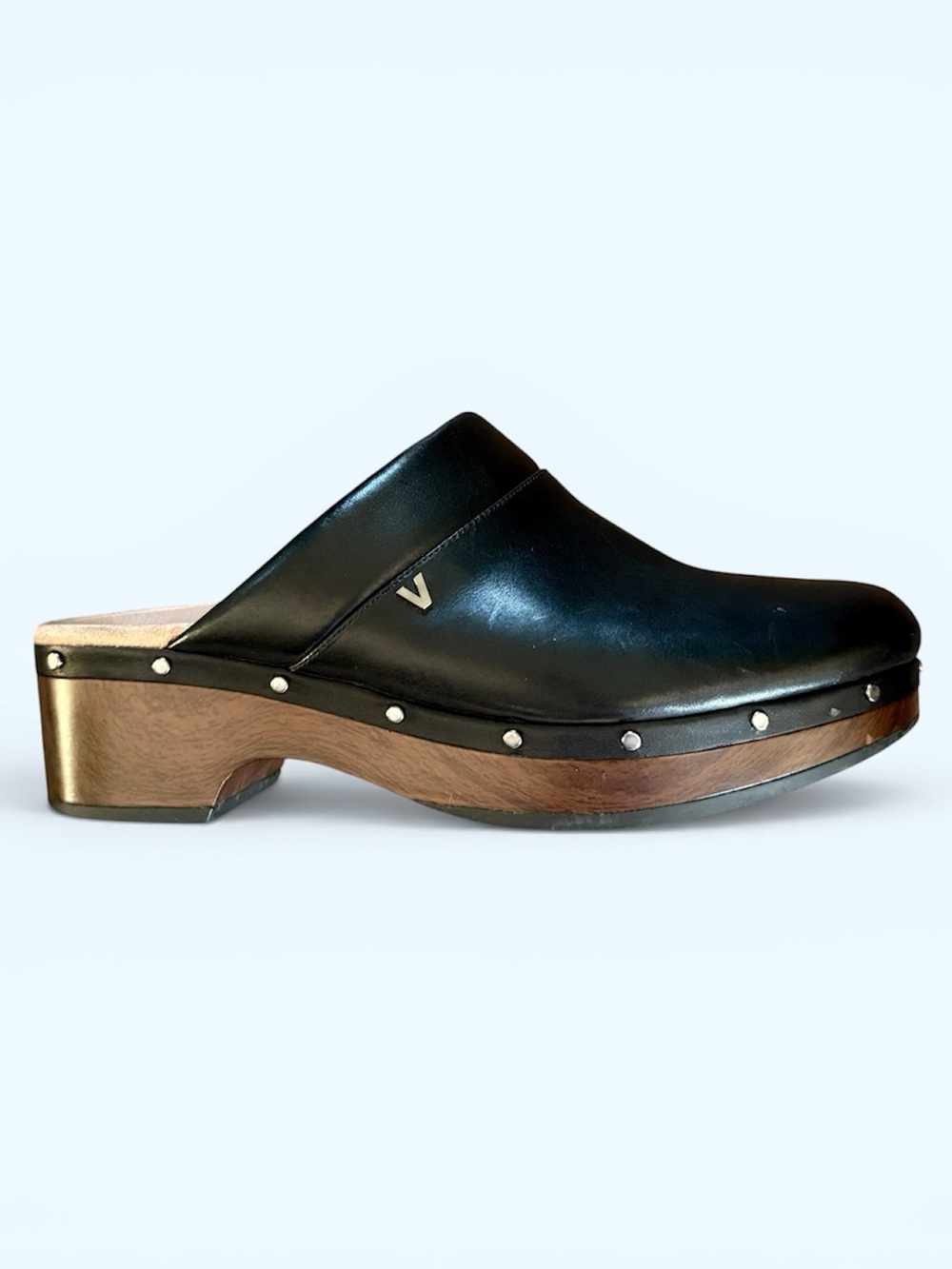 VIONIC Kacie Black Leather Studded Wood-Platform Clog Size 8 Women